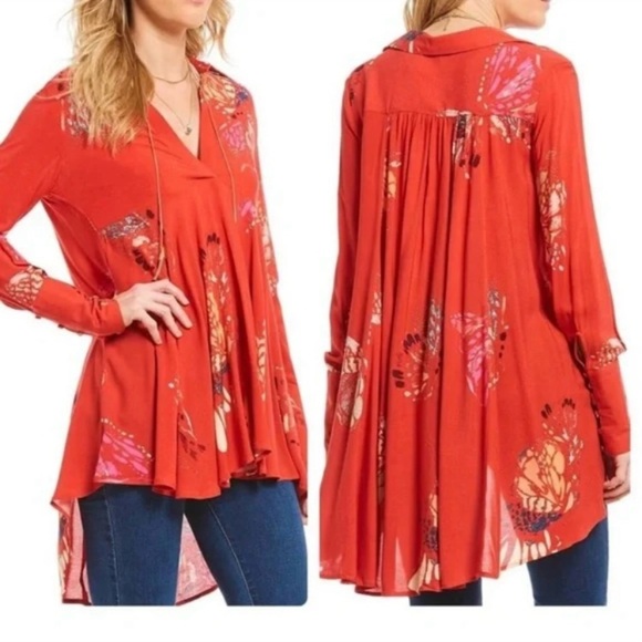 Free People Tops - Free People Red Bell Sleeve Tunic with Mandarin Collar